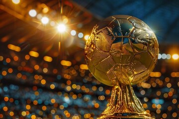 Soccer or football golden trophy cup on blurred bokeh background with copy space. The concept of sport, competition and championship. - obrazy, fototapety, plakaty