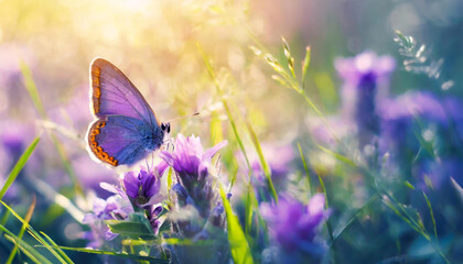 Farfalla viola su fiori bianchi selvatici viola , farfalla nell'erba sotto i raggi del sole, stile immagine macro - obrazy, fototapety, plakaty