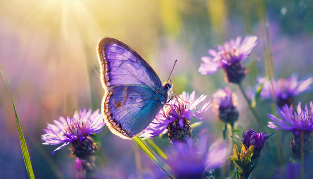 Farfalla viola su fiori bianchi selvatici viola , farfalla nell'erba sotto i raggi del sole, stile immagine macro