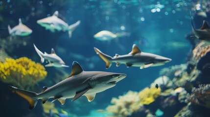 Two sharks swimming in a tank with other fish