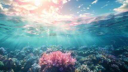 A beautiful underwater scene with a coral reef and colorful fish
