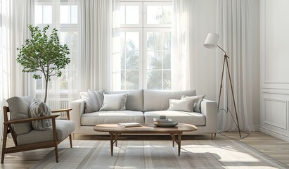 Living room with light grey sofa, wooden coffee table, armchair, floor lamp, large window with sheer curtains, white walls, and modern pendant lighting - obrazy, fototapety, plakaty