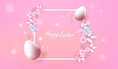 Happy Easter design with realistic eggs. Holiday easter card with paper cut flowers and confetti on pink background. Vector Illustrator with frame. Spring concept.