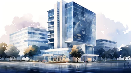 Gordijnen Watercolor modern building architecture city skyscraper isolated on clear jpg background architecture office work business building © Muhammad