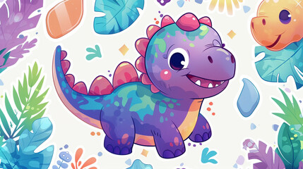Playful dinosaur Purple sticker style, bright palette, no background, whimsical vibe
