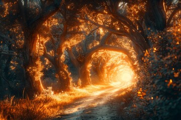 Portal of Enchantment,Following the Mystical Path Through the Enchanted Forest, Embracing Leading Lines and Color Contrasts - obrazy, fototapety, plakaty
