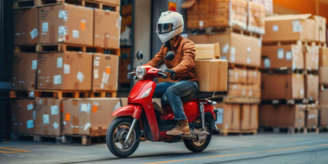 A delivery man rides a red scooter through a warehouse