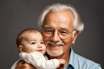 Happy grandfather and baby grandchild. Close up image on dark gray background. - 770787632