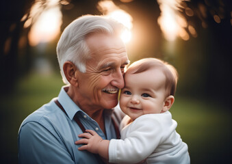 Happy grandfather and baby grandchild. Close up image on bokeh background. - 770787635