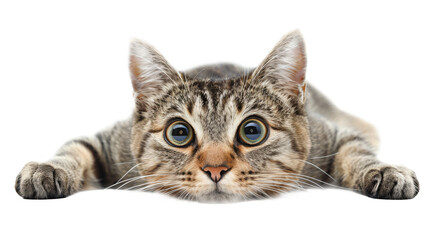 A curious tabby cat with big, bright eyes lies flat, peeking into the camera isolated on white background