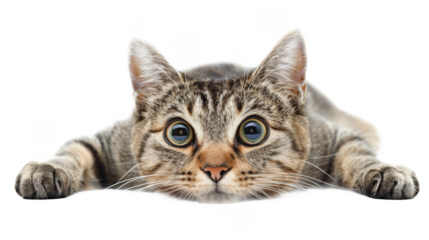 Tabby cat with big, bright eyes lies flat isolate on transparent background, cutout, png