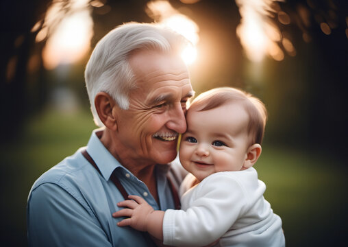 Happy grandfather and baby grandchild. Close up image on bokeh background.