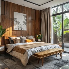 A bedroom with a wooden wall and a large bed with a brown comforter and pillows