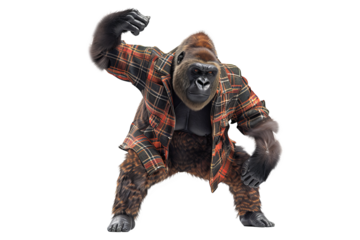 Groovy gorilla doing a breakdance in the forest isolate on transparent background, cutout, png