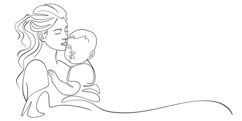 Mother and baby line art. Mom hugs child. Motherhood and newborn concept. Happy mother line vector illustration. Parent loving kid, happy mother day design for card