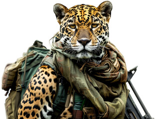 A judicious jaguar in a jungle warfare outfit, on a reconnaissance mission isolated on white background - obrazy, fototapety, plakaty