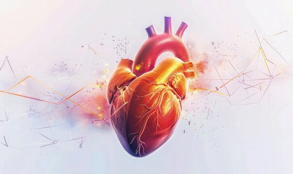 Abstract human heart with healthy clinic background. Human heart with heart beat line and medical elements for cardiology concept design banner or poster. 3d rendering, very detailed, 