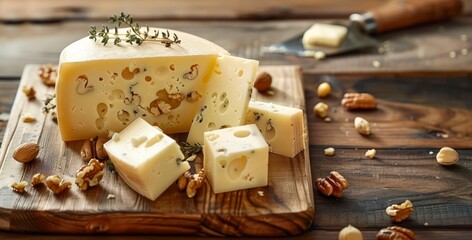 Fresh Cheese Paired with Nuts on Wooden Board Against Wood Background - obrazy, fototapety, plakaty