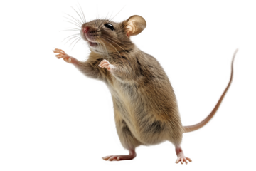 A mouse, standing on hind legs, gesturing with front paws isolate on transparent background, cutout, png