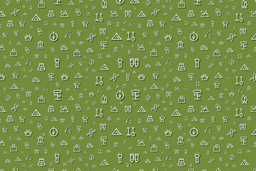 Seamless camping and nature template on green background