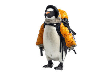 A persevering penguin in a polar warfare suit, on a mission in the Antarctic isolated on white background