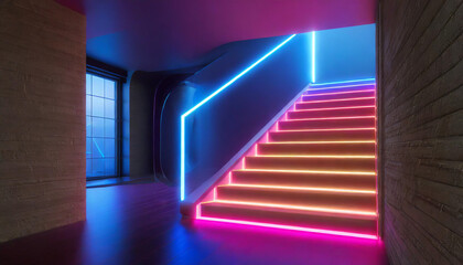 Bright 3D futuristic interior stairs go to the second floor and corridors. Cozy home interior neon light design modern hallway with door.