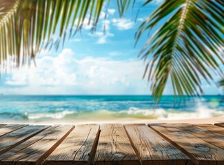 Wooden deck overlooking azure ocean, palm trees, and natural coastal landscape