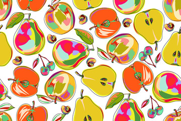 Seamless pattern with apples and pears on white. Colorful and bright background with fruits. Modern pattern. Hand drawn, cartoon style. Vector illustration.
