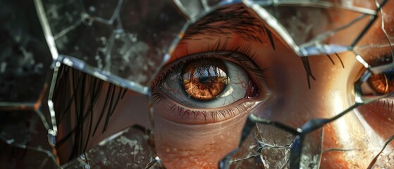 The eager eyes of a child looking through a fragmented glass, a symbol of hope in times of despair , 3D illustration