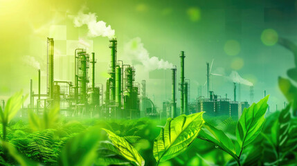 Green Industry Factory concept. Petrochemical Industrial Factory saving environment ozone low carbon, Generative Ai - obrazy, fototapety, plakaty