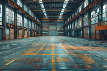 Interior of empty warehouse. Large modern empty storehouse, Generative Ai