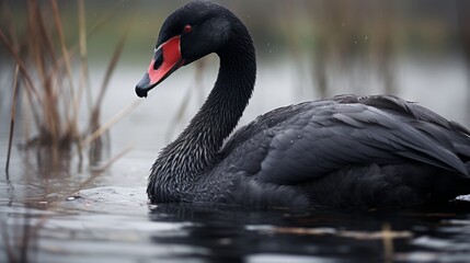 Tranquil lake scene graceful black swan gliding peacefully with ample copy space