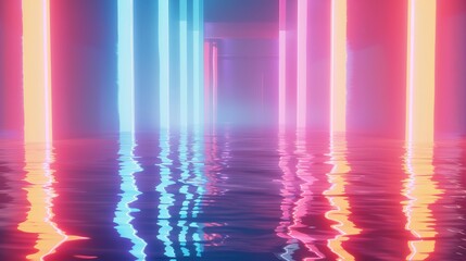 Abstract neon light fluorescent Neon Lights glow ,Reflection on water, exhibition background 3D illustration - generative ai