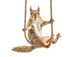 A squirrel clings to a rope, its bushy tail and bright eyes prominent isolated on white background - obrazy, fototapety, plakaty
