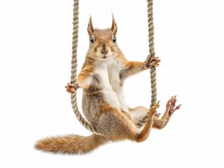 Squirrel clings to a rope, its bushy tail and bright eyes prominent isolate on transparent background, cutout, png