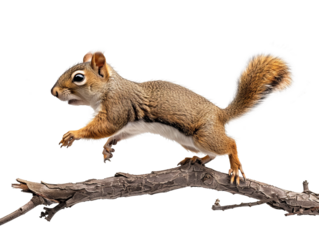 Squirrel attentively perches on a textured tree branch, its bushy tail prominently displayed isolate on transparent background, cutout, png