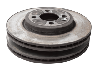 Old rusty brake disc on white background. Auto service industry. Spare parts catalog.