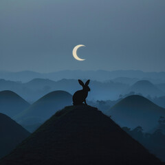 Enigmatic rabbit silhouette on chocolate hills, under a haunting crescent moon - obrazy, fototapety, plakaty