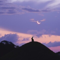 Enigmatic rabbit silhouette on chocolate hills, under a haunting crescent moon