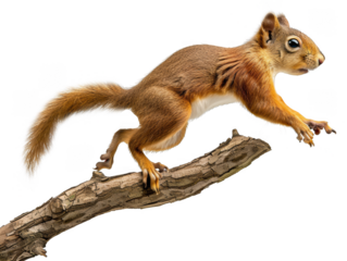 Squirrel attentively perches on a textured tree branch, its bushy tail prominently displayed isolate on transparent background, cutout, png