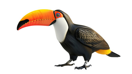 A vibrant, colorful toucan with a large orange beak, standing isolated on white background