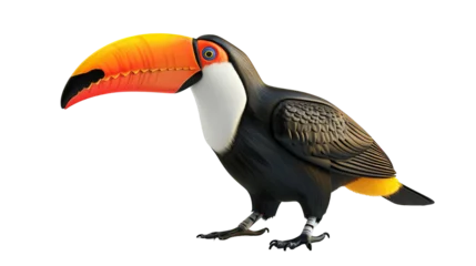 Zelfklevend Fotobehang A vibrant, colorful toucan with a large orange beak, standing isolated on white background © NightTampa