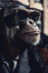 Dynamic low angle shot of a stylish anthro furry Chimpanzee monkey in sunglasses and fashion trendy attire, captured with a Magazine Photography 