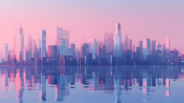 Tranquil urban skyline reflecting on still water during sunset, creating a mirror image of the modern cityscape