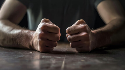 Close up of hands with fists on the table, ready to fight. conflict, angry expression - obrazy, fototapety, plakaty