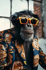 Dynamic low angle shot of a stylish anthro furry Chimpanzee monkey in sunglasses and fashion trendy attire, captured with a Magazine Photography 