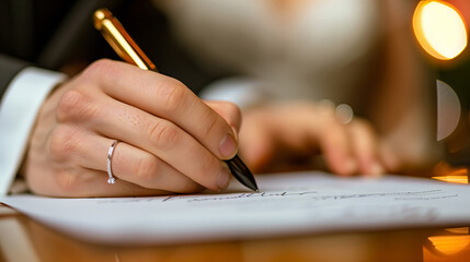 Close up of hands writing on marriage registration document paper with a pen, focused on the ring finger and diamond wedding rings. - obrazy, fototapety, plakaty