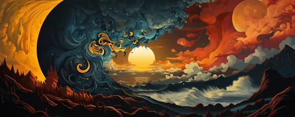 Foto op Canvas A futuristic landscape of sun, strong waves, mountains, buildings and sky. © beast01