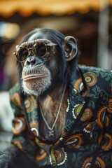 Dynamic low angle shot of a stylish anthro furry Chimpanzee monkey in sunglasses and fashion trendy attire, captured with a Magazine Photography 
