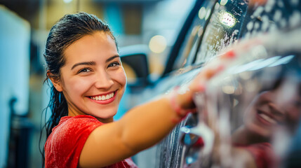 Close up portrait of beautiful smiling car wash employee woman washing car in outdoor, car wash service advertising, blurry interior of clean car workshop
